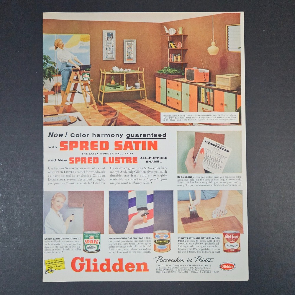 1957 Glidden Paint Vintage Print‎ Ad Spred Satin Lustre Wonder Wall Enamel Woman